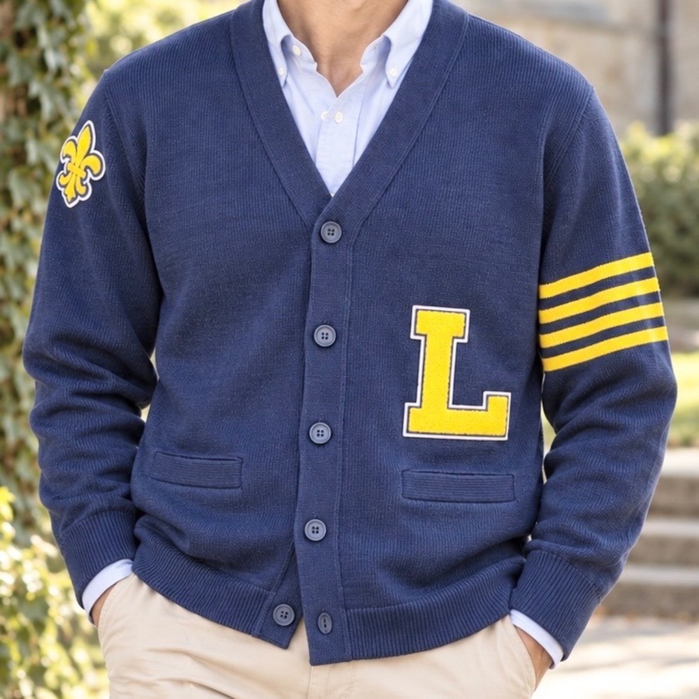 Vtg T.Q. Knits Blue Varsity Cardigan L Fleur de Lis Preppy Retro Collegiate Sz M